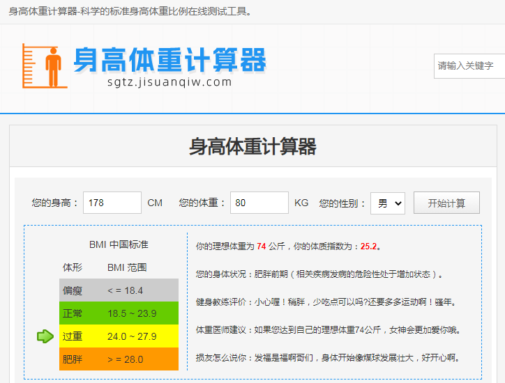 计算器网开发的标准身高体重比例在线测试计算器